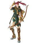  arrow bow_(weapon) fire_emblem fire_emblem:_souen_no_kiseki green_eyes highres holding holding_weapon kita_senri long_hair male_focus official_art ponytail red_hair shinon_(fire_emblem) simple_background solo weapon white_background 