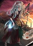  chain commentary_request duel_monster ghost_ogre_&amp;_snow_rabbit highres horns japanese_clothes long_hair looking_at_viewer obi ofuda pointy_ears red_eyes rr_(rr2) sash silver_hair solo sunset sword two_side_up weapon yuu-gi-ou 