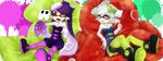 2girls aori_(splatoon) bad_id bad_pixiv_id bean_bag_chair bike_shorts black_hair brown_eyes detached_collar domino_mask dress earrings fangs food food_on_head gloves green_legwear grey_hair highres hotaru_(splatoon) jewelry long_hair looking_at_viewer mask mole mole_under_eye multiple_girls object_on_head octopus one_eye_closed open_mouth outstretched_arms paint_splatter pantyhose pillow pointing pointing_up pointy_ears purple_legwear shiny shiny_skin shoes short_dress short_hair short_jumpsuit shorts shorts_under_skirt sitting smile splatoon_(series) splatoon_1 squid strapless strapless_dress takanashi_keisuke tentacle_hair white_gloves x_x 