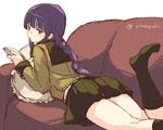  artist_name black_hair black_legwear blush book braid commentary_request couch cushion green_legwear highres kantai_collection kitakami_(kantai_collection) kneehighs leg_up long_hair looking_at_viewer looking_to_the_side lying on_couch on_stomach pleated_skirt reading sailor_collar school_uniform serafuku sidelocks simple_background single_braid skirt solo torminal twitter_username white_background 