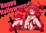  bat_wings blush breasts hairband halloween hat head_wings highres looking_at_viewer maebari navel nekokan-nekokan original red red_eyes red_hair red_legwear red_wings revealing_clothes sitting small_breasts solo spread_legs strapless_bottom triangle_mouth twintails underboob wings witch_hat 
