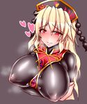  blonde_hair blush breasts chinese_clothes covered_nipples crossed_arms harumi_(harumix) heart heart-shaped_pupils huge_breasts junko_(touhou) long_hair long_sleeves red_eyes smile solo steam steaming_body symbol-shaped_pupils tabard touhou upper_body 