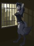  anthro barcode black_hair boomer bottomless breasts canine clothed clothing collar digitigrade female hair half-dressed happy inside looking_back mammal panties prison silver_eyes smile solo underwear wolf 