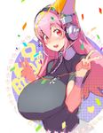  blush breasts confetti double_v hat headphones highres large_breasts long_hair looking_at_viewer namaniku_atk nitroplus open_mouth party_hat pink_hair red_eyes ribbon sketch skull_and_crossbones smile solo streamers super_sonico v 