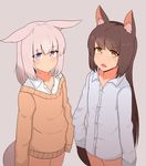  2girls :o animal_ears bad_id bad_twitter_id brown_hair ears_down expressionless flat_chest fox_ears fox_tail grey_background highres long_hair looking_at_viewer multiple_girls naked_shirt naozuri orange_shirt original purple_eyes shirt silver_hair simple_background skirt sweater tail v-shaped_eyebrows 