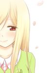  bangs blonde_hair blush higurashi_no_naku_koro_ni long_hair looking_at_viewer lowres parted_bangs petals roku_(345) simple_background smile solo takano_miyo 