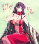  absurdly_long_hair bare_shoulders bishoujo_senshi_sailor_moon black_hair character_name dress flower green_background happy_birthday hino_rei holding jewelry long_hair looking_afar necklace parted_lips princess_mars purple_eyes red_dress red_flower red_rose rose simple_background sitting solo t_growing very_long_hair 