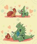  2koma before_and_after blush comic directional_arrow flower flying_sweatdrops gen_1_pokemon heart holding holding_flower larvitar no_humans pokemon pokemon_(creature) shiwo_(siwosi) size_difference spoken_exclamation_mark spoken_heart tyranitar vulpix 