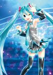  absurdres aqua_eyes aqua_hair armpits beamed_eighth_notes detached_sleeves eighth_note hatsune_miku headset highres kei_(keigarou) long_hair musical_note nail_polish necktie official_art one_eye_closed project_diva_(series) project_diva_x quarter_note skirt smile solo thighhighs twintails very_long_hair vocaloid zettai_ryouiki 