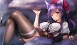  ahri animal_ears bell black_legwear blush breasts crossed_legs fox_ears fox_tail hair_over_one_eye jingle_bell large_breasts league_of_legends long_hair looking_at_viewer md5_mismatch multiple_tails naso4 open_mouth purple_hair solo tail thighhighs yellow_eyes 