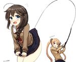  ahoge assisted_exposure black_skirt blue_eyes blush braid breasts brown_eyes brown_hair don_(29219) fishing_line fishing_rod flail flying_sweatdrops hair_flaps hair_ornament hair_ribbon kantai_collection leaning leaning_forward light_brown_hair long_hair looking_at_viewer medium_breasts multiple_girls murasame_(kantai_collection) open_mouth pleated_skirt remodel_(kantai_collection) ribbon school_uniform serafuku shigure_(kantai_collection) simple_background single_braid skirt skirt_grab skirt_lift sweater twintails twitter_username weapon white_background 