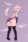  1girl animal_ears ass blue_eyes clothes_lift commentary_request expressionless from_behind highres looking_at_viewer looking_back naozuri original panties pleated_skirt purple_background shirt silver_hair simple_background skirt skirt_lift solo sweater_vest tail thighhighs underwear wolf_ears wolf_tail 