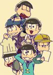  apron arm_behind_head bandana barista black_hair brothers brown_eyes chef chef_hat closed_eyes coffee coffee_mug construction_worker cup employee_uniform frying_pan hat heart heart_in_mouth helmet jipo_(myu-tata) male_focus matsuno_choromatsu matsuno_ichimatsu matsuno_juushimatsu matsuno_karamatsu matsuno_osomatsu matsuno_todomatsu mug multiple_boys osomatsu-kun osomatsu-san scissors sextuplets siblings simple_background smile tan_background toque_blanche uniform wall-eyed 