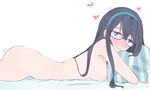  aqua_hairband ass black_hair blue_eyes blush breasts full-face_blush glasses hairband heart kaika kantai_collection long_hair looking_at_viewer looking_to_the_side lying medium_breasts nipples nude on_stomach ooyodo_(kantai_collection) pillow pillow_hug solo trembling 