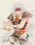  agahari armor fire_emblem fire_emblem:_thracia_776 galzus_(fire_emblem) grey_hair male_focus simple_background solo sword traditional_media weapon white_background 