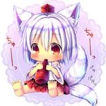  animal_ears barefoot blush bottle chibi chocolat_(momoiro_piano) commentary detached_sleeves hat inubashiri_momiji ketchup long_sleeves red_eyes ribbon-trimmed_sleeves ribbon_trim shirt short_hair silver_hair skirt solo tail tail_wagging tokin_hat touhou wide_sleeves wolf_ears wolf_tail 