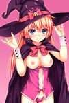  :3 bell blonde_hair blue_eyes blush bow breasts breasts_outside cape halloween hat hat_bow hat_with_ears heart heart-shaped_pupils highres kitou_kaitai large_breasts midriff navel nipples no_bra no_pants original panties pink_panties shirt_pull smile solo symbol-shaped_pupils underwear witch_hat wrist_cuffs 