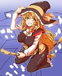  blonde_hair blush bow braid breasts broom broom_riding chin_(motio7201) clenched_teeth grin hair_bow hand_on_headwear hat holding kirisame_marisa large_breasts long_hair side_braid single_braid smile solo teeth touhou very_long_hair witch_hat 