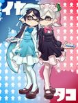  2girls :3 ;) absurdres alternate_costume aori_(splatoon) black_hair domino_mask earrings full_body highres holding_hands hotaru_(splatoon) jewelry maid_headdress mary_janes mask mole mole_under_eye multiple_girls one_eye_closed pantyhose puchiman shoes smile splatoon_(series) splatoon_1 tentacle_hair white_hair white_legwear 