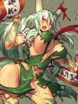  breasts contrapposto dress ex-keine fang green_dress green_hair horn_ribbon horns kamishirasawa_keine large_breasts long_hair looking_at_viewer melon22 multicolored_hair no_bra no_panties open_mouth red_eyes ribbon scroll silver_hair solo standing torn_clothes torn_dress touhou two-tone_hair very_long_hair white_hair 