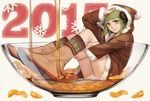  2015 bad_id bad_pixiv_id bangs blunt_bangs boots closed_mouth food fruit full_body glass green_eyes green_hair gumi hand_on_headwear highres honey hood hooded_jacket horns in_bowl in_container in_food jacket looking_at_viewer mandarin_orange nengajou new_year pom_pom_(clothes) sheep_horns short_hair shorts sitting smile snowflakes solo vocaloid white_shorts yellow_eyes yumao_(miaowuxiaoxue) 