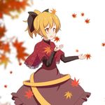  adapted_costume autumn_leaves blonde_hair blurry bow brown_dress brown_eyes capelet cato_(monocatienus) depth_of_field dress hair_bow kurodani_yamame long_sleeves open_mouth ponytail shirt smile solo touhou 