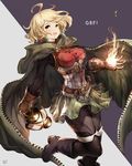  :d ahoge belt black_legwear blonde_hair brown_gloves copyright_name corset earrings fire gloves granblue_fantasy green_eyes green_skirt highres jewelry miniskirt nanase_miri open_mouth pantyhose short_hair skirt smile solo teena_(granblue_fantasy) 