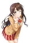  ;) blazer brown_eyes brown_hair closed_mouth highres idolmaster idolmaster_cinderella_girls jacket long_hair looking_at_viewer one_eye_closed one_side_up plaid plaid_skirt school_uniform shimamura_uzuki skirt smile solo v yuuri_nayuta 