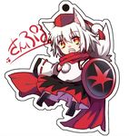  animal_ears blush chibi detached_sleeves hat inubashiri_momiji looking_at_viewer open_mouth pom_pom_(clothes) red_eyes red_scarf scarf shield short_hair silver_hair simple_background skirt solo tail tokin_hat toufukin touhou translation_request white_background wolf_ears wolf_tail 