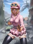  bad_id bad_pixiv_id blonde_hair blue_eyes castle fighting_stance frilled_skirt frills gloves goggles gohpot hat highres koala_(one_piece) looking_at_viewer miniskirt one_piece pica realistic ruins short_hair skindentation skirt smile taut_clothes thighhighs zettai_ryouiki 