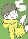  absurdres arm_support black_hair blush denim flower_(symbol) green_eyes highres hood hoodie jeans male_focus matsu_symbol matsuno_juushimatsu number osomatsu-kun osomatsu-san pants sitting smile solo usaponnu white_pants 