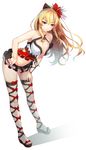 asahina_hikage bad_id bad_pixiv_id bare_shoulders bent_over blonde_hair boots bow breasts cleavage collarbone cross-laced_footwear full_body granblue_fantasy hair_between_eyes hair_bow lace-up_boots large_breasts leaning_forward long_hair looking_at_viewer microskirt midriff navel orange_eyes ponytail red_eyes simple_background skirt smile solo standing thighhighs vira_lilie white_background 