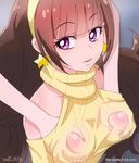  amanogawa_kirara bad_id bad_pixiv_id bare_shoulders breast_grab breasts brown_hair covered_nipples dated earrings eyebrows eyebrows_visible_through_hair ginko_(silver_fox) go!_princess_precure grabbing hand_under_clothes jewelry long_hair precure purple_eyes ribbed_sweater small_breasts solo_focus star star_earrings sweater twintails watermark web_address 