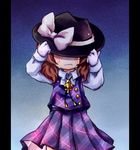  blush bow brown_hair crying hat hat_bow hat_over_eyes long_sleeves lowres pote_(ptkan) shirt skirt skirt_set solo tears touhou usami_sumireko vest wavy_mouth 
