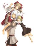  2girls armor bad_id bad_pixiv_id barefoot blonde_hair bow brown_eyes brown_hair buront carrying carrying_over_shoulder clenched_hand detached_sleeves elf elvaan family final_fantasy final_fantasy_xi gauntlets hair_bow hakurei_reimu highres hug hug_from_behind kujimaru looking_at_viewer midriff multiple_girls open_mouth pointy_ears purple_eyes red_eyes rumia sarashi simple_background smile the_iron_of_yin_and_yang touhou walking white_background white_hair 