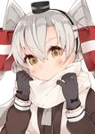  amatsukaze_(kantai_collection) bad_id bad_twitter_id black_gloves close-up commentary gloves hair_between_eyes hair_ornament hair_tubes kantai_collection kou_mashiro light_brown_eyes long_hair long_sleeves looking_at_viewer ribbon scarf silver_hair simple_background solo two_side_up white_background windsock 
