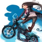  :d belt black_hair boots ground_vehicle long_hair motor_vehicle motorcycle necktie open_mouth original purple_eyes riding smile solo window1228 