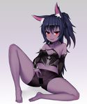  animal_ears arm_support bad_id bad_pixiv_id bare_shoulders barefoot bike_shorts black_hair blush breasts cat_ears censored cleavage detached_sleeves full_body grimgrim highres leaning_back legs long_hair midriff naughty_face navel no_tail original ponytail presenting purple_skin pussy red_eyes shorts simple_background sitting small_breasts smile solo spread_legs spread_pussy tongue tongue_out 