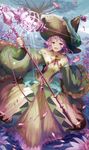  :d breasts circlet cleavage dress flower fur_trim granblue_fantasy green_dress green_eyes green_hat hat holding lace lace-trimmed_dress leaning_forward lennah long_sleeves medium_breasts open_mouth petals purple_hair shion_(kizuro) short_hair smile solo staff tree wide_sleeves wizard_hat 
