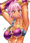  .hack//games 1girl angry armor armpits arms_up bad_id bad_twitter_id black_rose_(.hack//) bodypaint breastplate breasts cleavage clenched_teeth dark_skin gauntlets large_breasts looking_at_viewer pink_hair red_eyes short_hair signature solo tattoo teeth underboob upper_body yoshiwa_tomo 