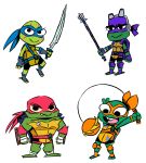  2018 ankle_wraps anthro band-aid bandage bandanna barefoot belt bo_staff chibi clothed clothing cute_fangs donatello_(tmnt) dual_wielding elbow_pads eyewear facial_markings fingerless_gloves gloves goggles goggles_on_head group hand_wraps holding_object holding_weapon inkyfrog knee_pads kusari-fundo legwear leonardo_(tmnt) looking_at_viewer male markings mask melee_weapon michelangelo_(tmnt) nightstick open_mouth open_smile raphael_(tmnt) reptile rise_of_the_teenage_mutant_ninja_turtles sash scalie shell simple_background smile socks spikes standing stirrup_socks sword teenage_mutant_ninja_turtles turtle weapon white_background wraps 