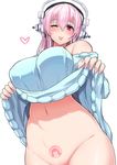  ;p bare_shoulders blush breasts clothes_lift groin headphones highres large_breasts long_hair looking_at_viewer miyamoto_issa navel nitroplus no_panties off-shoulder_sweater one_eye_closed out-of-frame_censoring pink_eyes pink_hair pubic_tattoo simple_background smile solo super_sonico sweater sweater_lift tattoo tongue tongue_out white_background 