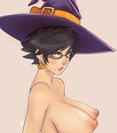  alternate_hair_length alternate_hairstyle artist_name bayonetta bayonetta_(character) bayonetta_2 black_hair blue_eyes breasts earrings eyeshadow glasses halloween hat jack-o'-lantern jack-o'-lantern_earrings jewelry large_breasts lipstick makeup mole mole_under_mouth nipples nose nude pink_background puffy_nipples revision short_hair simple_background solo superboin upper_body witch_hat 