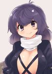  1girl blush breasts brown_hair cleavage gradient_hair highres hijiri_byakuren long_hair long_sleeves looking_at_viewer multicolored_hair puffy_sleeves purple_eyes purple_hair simple_background smile solo touhou turtleneck upper_body waira wavy_hair 