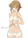  ;) armpits artist_name bare_shoulders blush breasts brown_hair camisole cleavage closed_mouth collarbone commentary_request cowboy_shot green_eyes hair_between_eyes jewelry kantai_collection medium_breasts midriff mutsu_(kantai_collection) navel one_eye_closed panties ring short_hair shy sleeveless smile solo standing torminal twitter_username underwear underwear_only wedding_band 