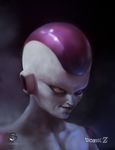  blurry closed_mouth copyright_name depth_of_field dragon_ball dragon_ball_z edgar_gomez face frieza logo no_humans portrait realistic red_eyes shiny shiny_skin smile solo 