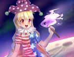  :d american_flag_dress blonde_hair blush clownpiece hat highres jester_cap long_hair moon open_mouth putchin red_eyes sky smile solo star_(sky) starry_sky torch touhou 