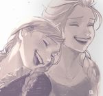  a-ka anna_(frozen) closed_eyes elsa_(frozen) frozen_(disney) happy laughing monochrome multiple_girls siblings sisters smile upper_body 