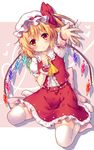  ascot blonde_hair blush bow flandre_scarlet hat hat_bow heart mob_cap outstretched_arm outstretched_hand puffy_short_sleeves puffy_sleeves red_eyes riichu sash shirt short_sleeves side_ponytail sitting skirt skirt_set solo thighhighs touhou vest wariza white_legwear wings wrist_cuffs zettai_ryouiki 