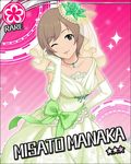  artist_request blue_eyes brown_hair card_(medium) character_name dress elbow_gloves flower_(symbol) gloves green_dress green_gloves green_wedding_dress idolmaster idolmaster_cinderella_girls jewelry manaka_misato necklace one_eye_closed pink_background short_hair solo sparkle wedding_dress 